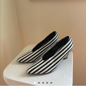 ** SOLD ** JAGGAR HEELS black and white striped
w/ mirror spikes